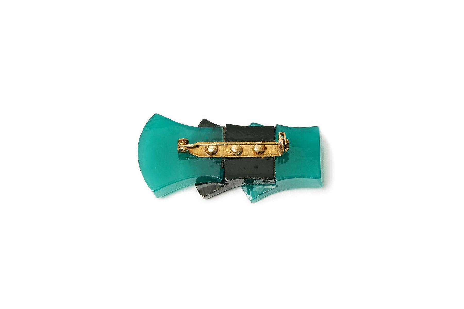 Splendette vintage inspired Art Deco style carved green and black Drille Fakelite Brooch reverse side