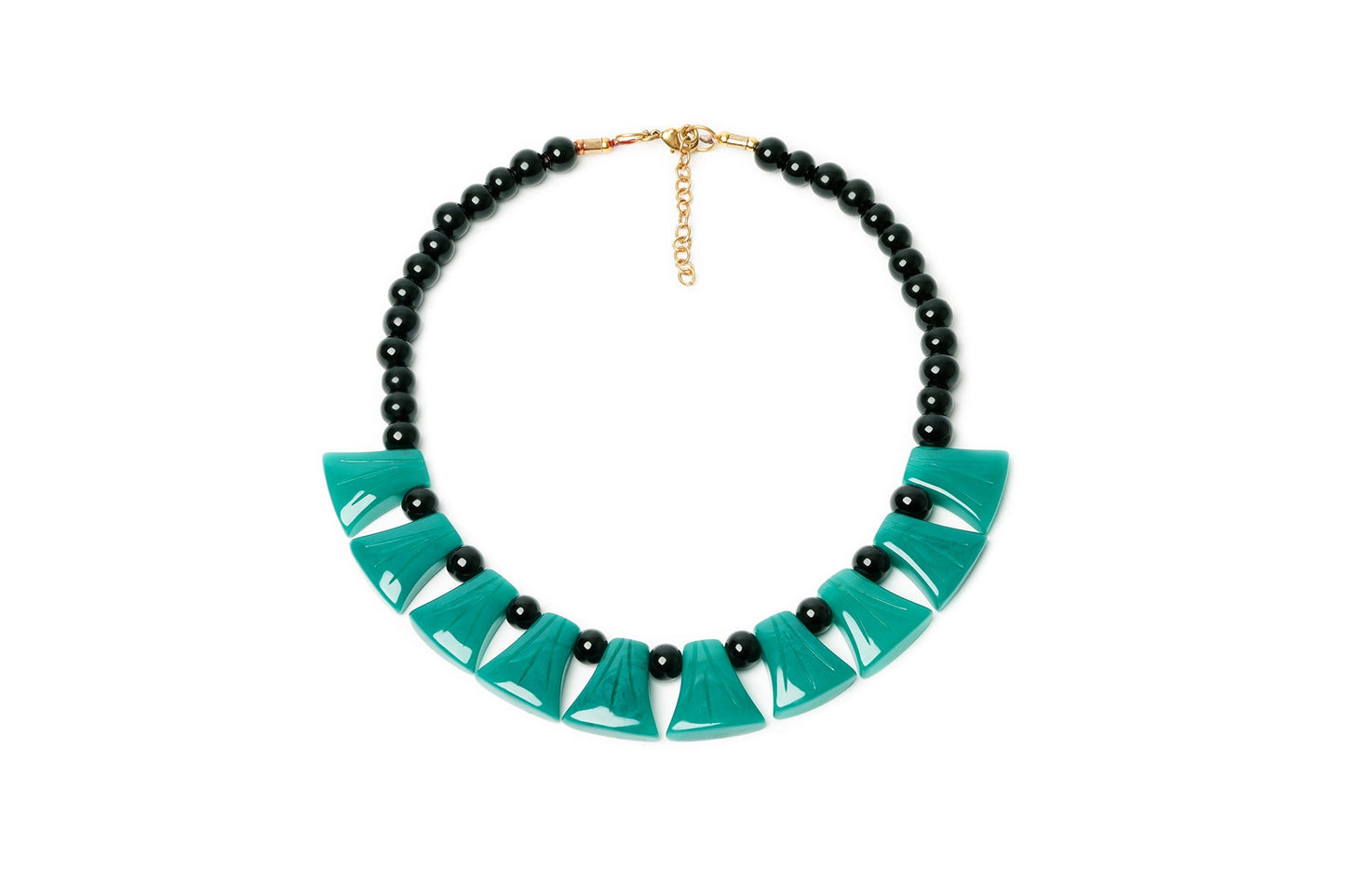 Splendette vintage inspired Art Deco style carved green and black Drille Fakelite Necklace