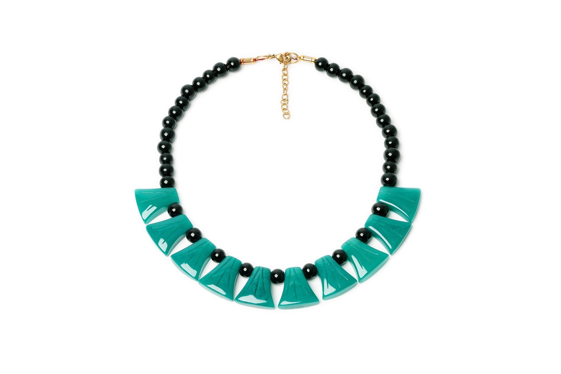 Splendette vintage inspired Art Deco style carved green and black Drille Fakelite Necklace
