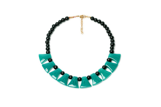 Splendette vintage inspired Art Deco style carved green and black Drille Fakelite Necklace