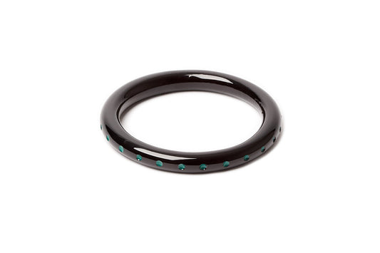 Splendette vintage inspired Art Deco style carved green fakelite Narrow Black Drille Bangle