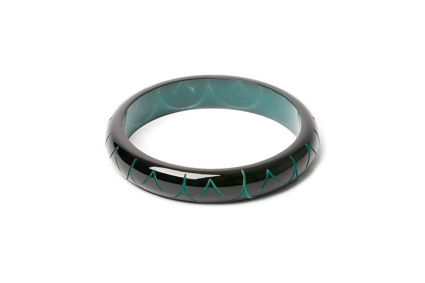 Splendette vintage inspired Art Deco style carved green fakelite large size Midi Black Drille Duchess Bangle