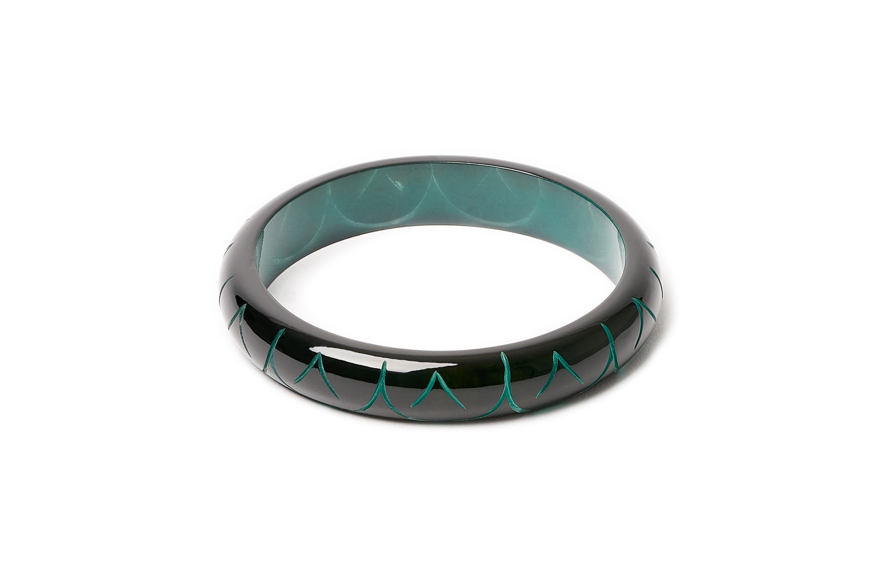 Splendette vintage inspired Art Deco style carved green fakelite large size Midi Black Drille Duchess Bangle