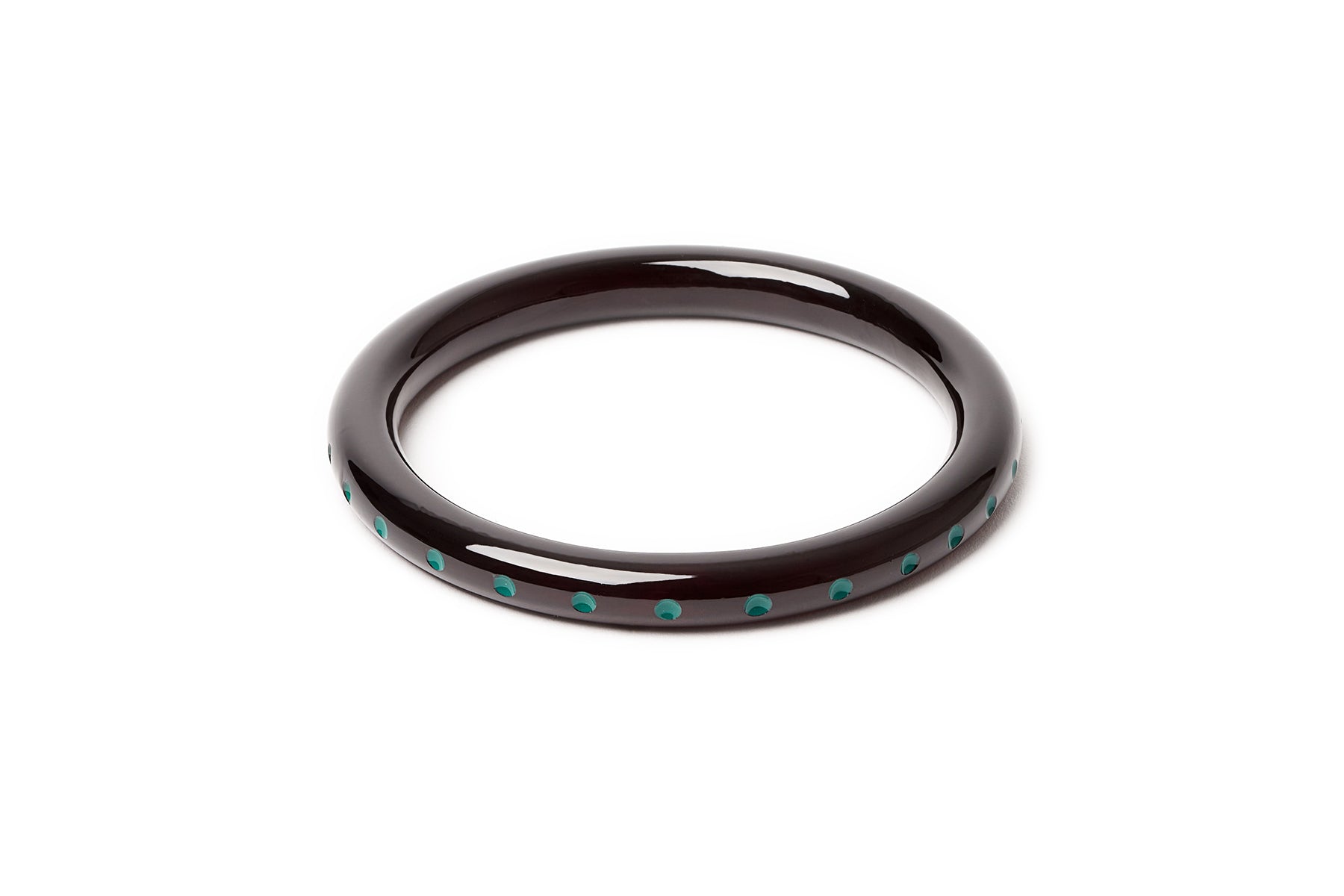 Splendette vintage inspired Art Deco style carved green fakelite large size Narrow Black Drille Duchess Bangle