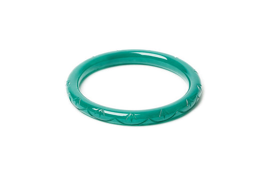 Splendette vintage inspired Art Deco style carved green large size Narrow Drille Fakelite Duchess Bangle