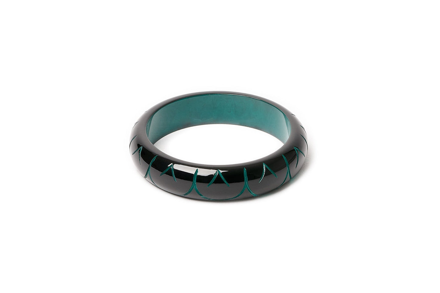 Splendette vintage inspired Art Deco style carved green fakelite small size Midi Black Drille Maiden Bangle
