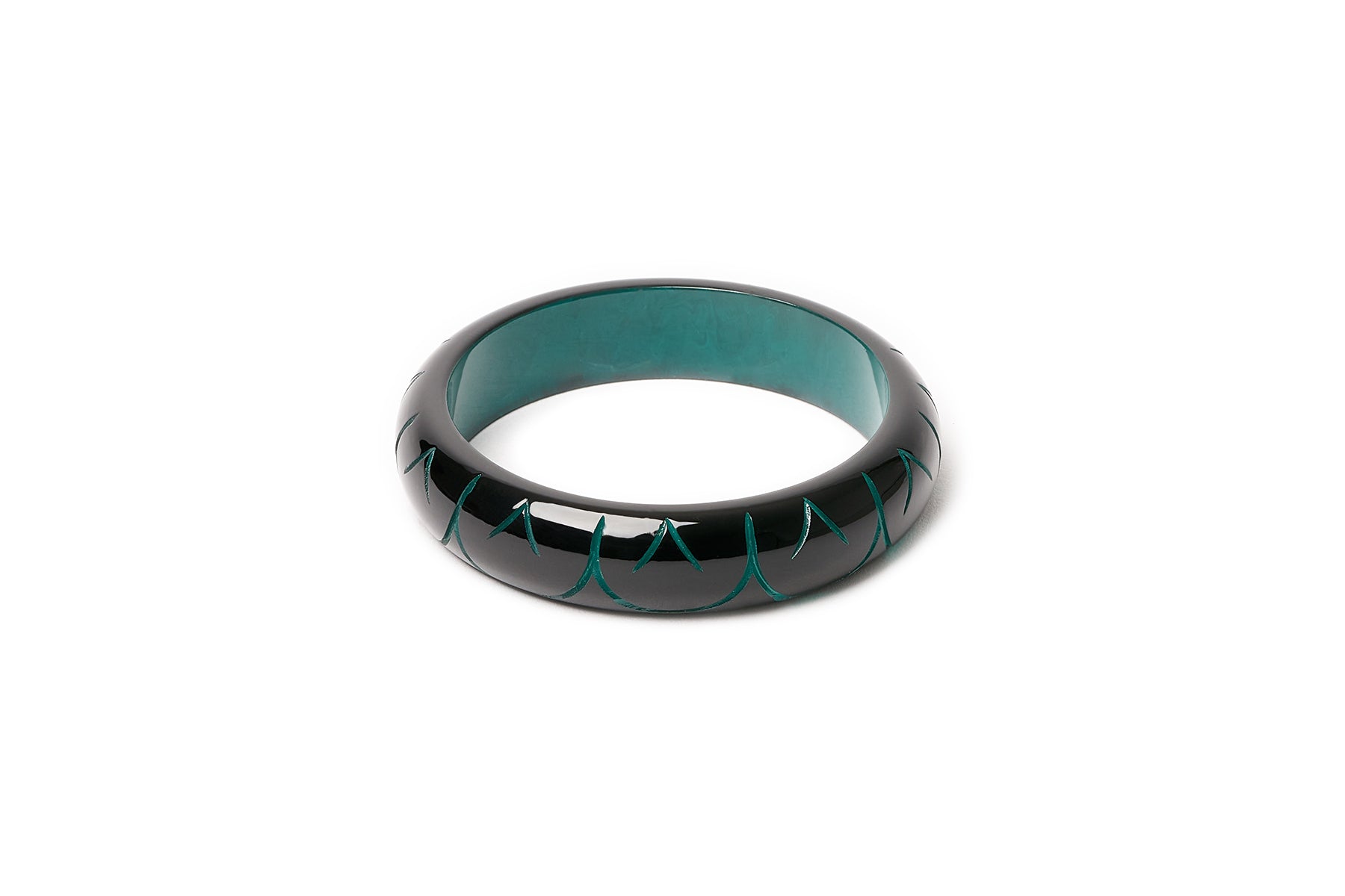 Splendette vintage inspired Art Deco style carved green fakelite small size Midi Black Drille Maiden Bangle