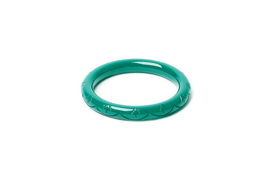 Splendette vintage inspired Art Deco style carved green small size Narrow Drille Fakelite Maiden Bangle