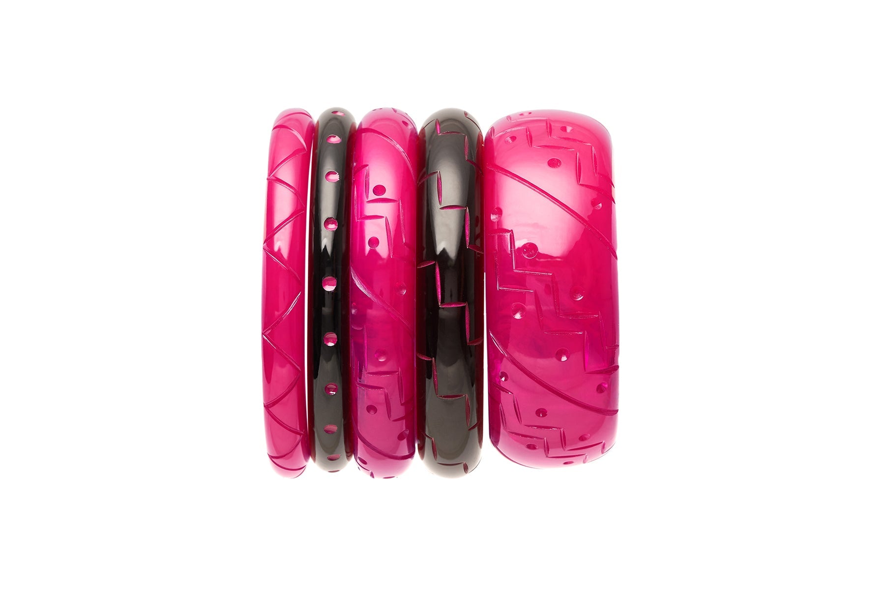 Splendette vintage inspired 1940s Bakelite style pink and black carved fakelite Magenta bangle stack