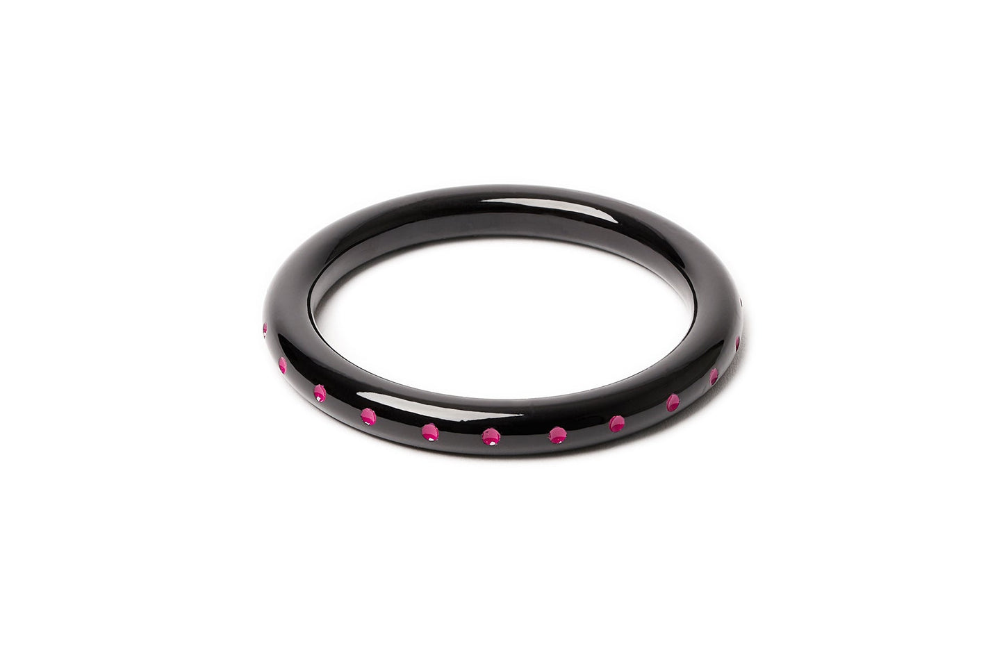 Splendette vintage inspired 1940s Bakelite style carved pink fakelite Narrow Black Magenta Bangle