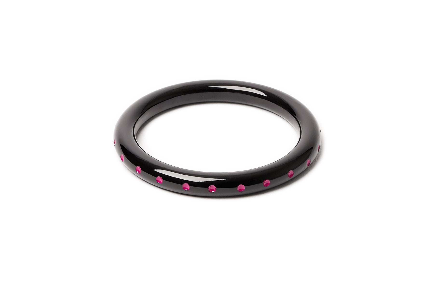 Splendette vintage inspired 1940s Bakelite style carved pink fakelite Narrow Black Magenta Bangle