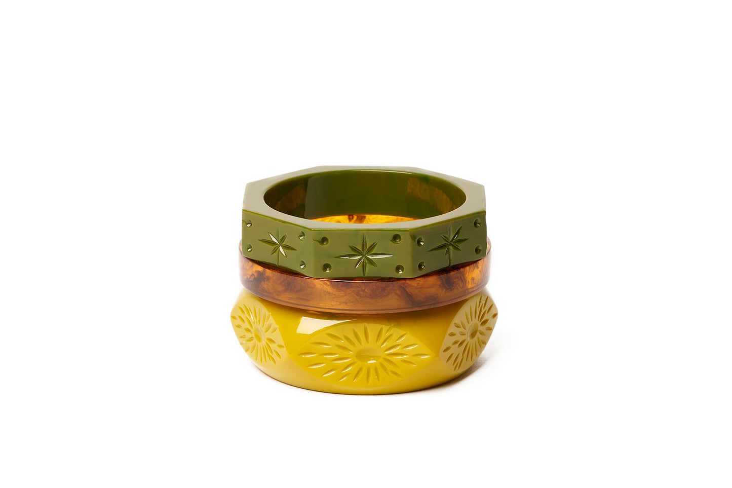 Splendette vintage inspired 1930s Bakelite style bangles stack with yellow Wide Citrine, Narrow Tortoiseshell and green Midi Khaki