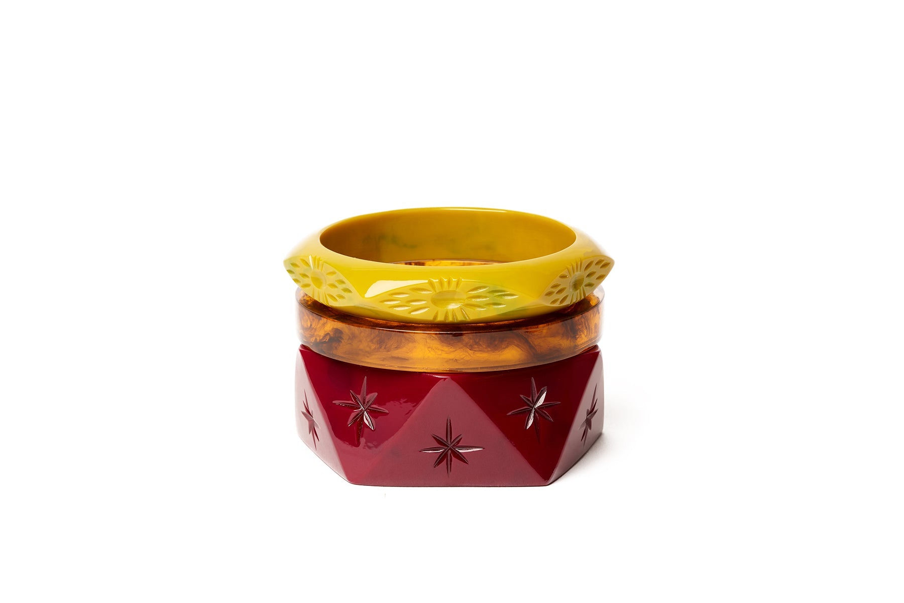 Splendette vintage inspired 1930s style carved fakelite bangles stack with deep pink Wide Tayberry, Narrow Tortoiseshell and yellow Midi Citrine bangles