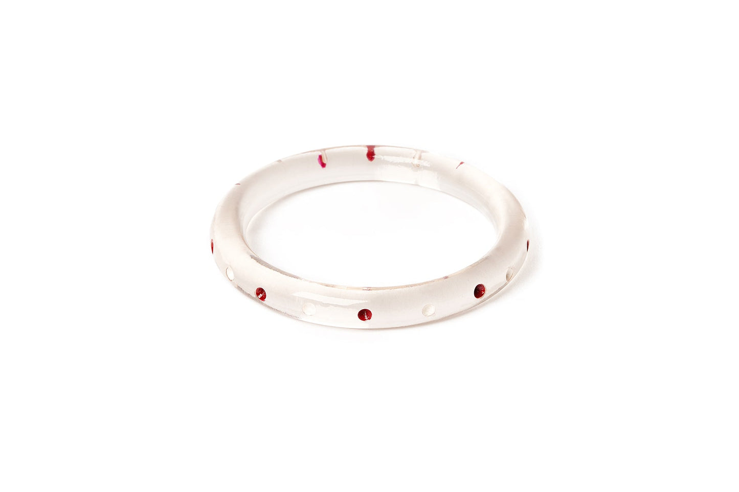 Splendette vintage inspired 1940s Bakelite style rockabilly red and white Narrow Cherries Clear Bangle