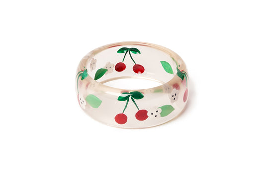 Splendette vintage inspired 1940s Bakelite style rockabilly red Wide Cherries Clear Bangle