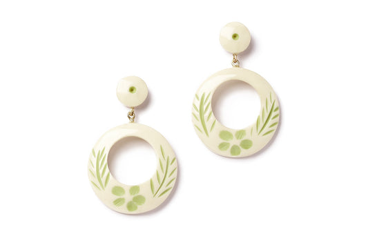 Splendette vintage inspired 1940s Bakelite style carved pastel green fakelite Rowan Cream Drop Hoop Earrings