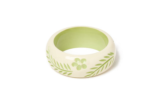 Splendette vintage inspired 1940s Bakelite style carved pastel green fakelite Wide Rowan Cream Bangle