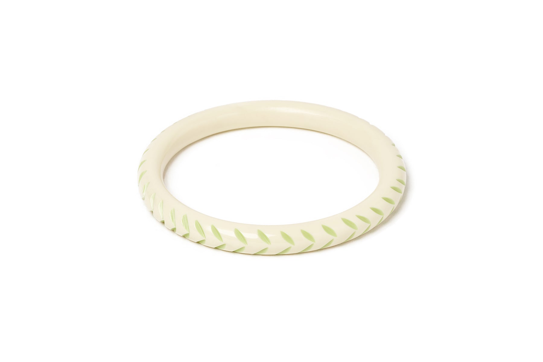 Splendette vintage inspired 1940s Bakelite style carved pastel green fakelite larger size Narrow Rowan Cream Duchess Bangle