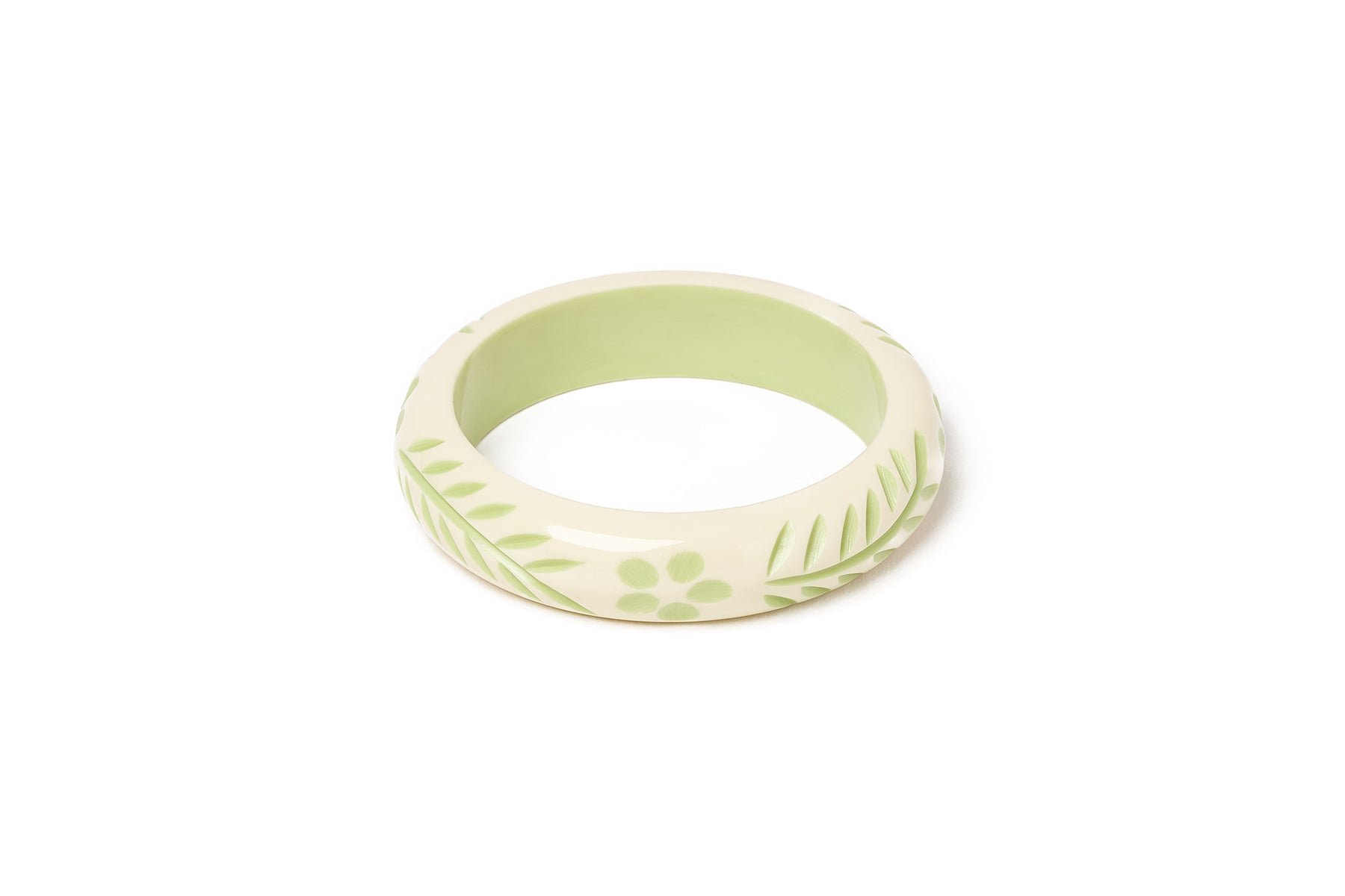 Splendette vintage inspired 1940s Bakelite style carved pastel green fakelite smaller size Midi Rowan Cream Maiden Bangle