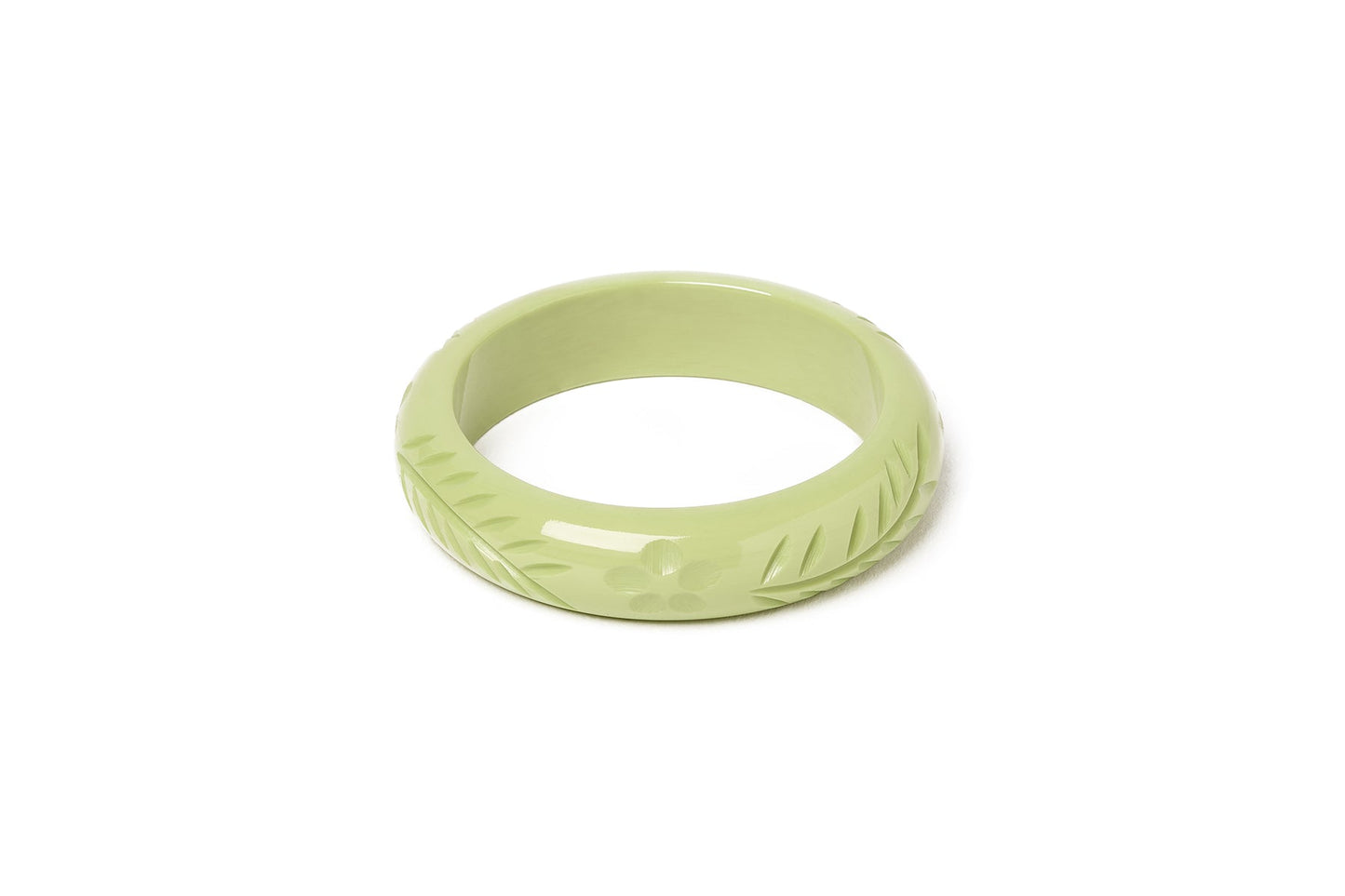 Splendette vintage inspired 1940s Bakelite style carved pastel green fakelite smaller size Midi Rowan Maiden Bangle