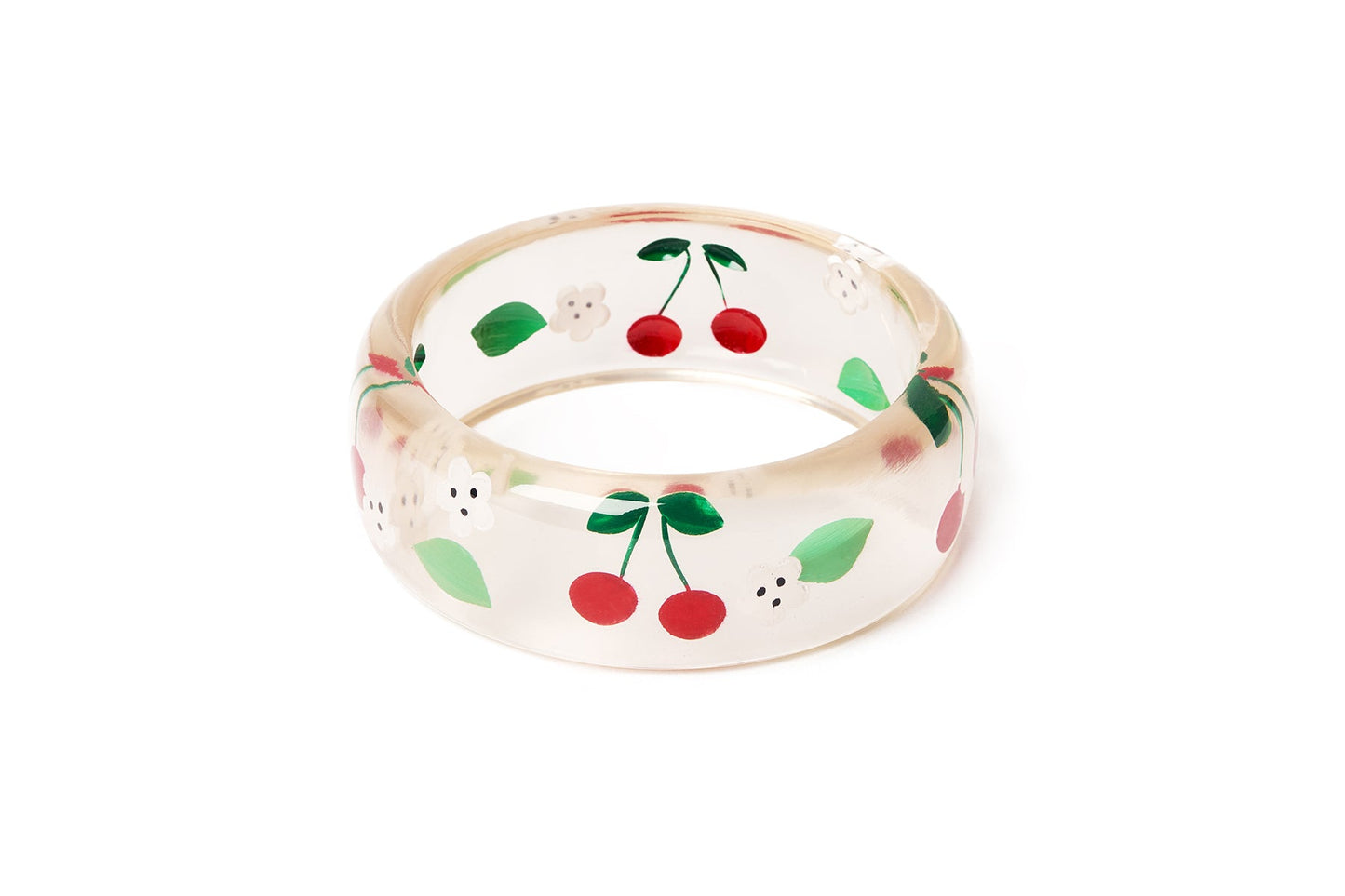 Splendette vintage inspired 1940s Bakelite style rockabilly red larger size Wide Cherries Clear duchess Bangle