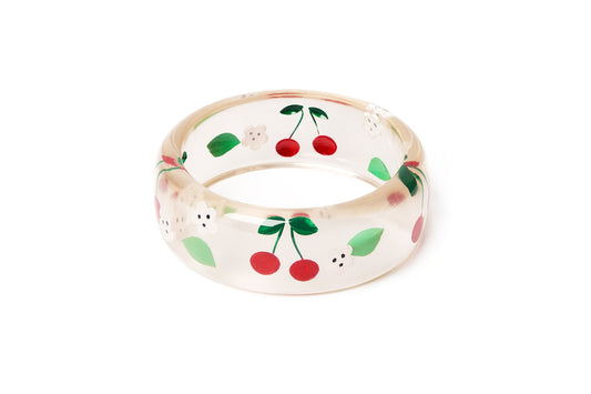 Splendette vintage inspired 1940s Bakelite style rockabilly red larger size Wide Cherries Clear duchess Bangle