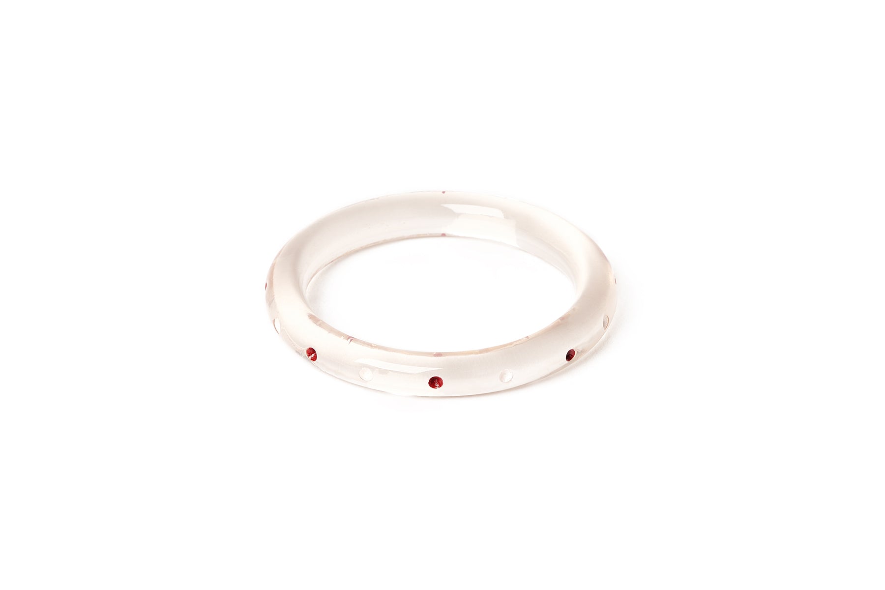 Splendette vintage inspired 1940s Bakelite style rockabilly red and white smaller size Narrow Cherries Clear Maiden Bangle