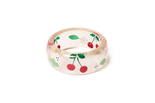 Splendette vintage inspired 1940s Bakelite style rockabilly red smaller size Wide Cherries Clear Maiden Bangle