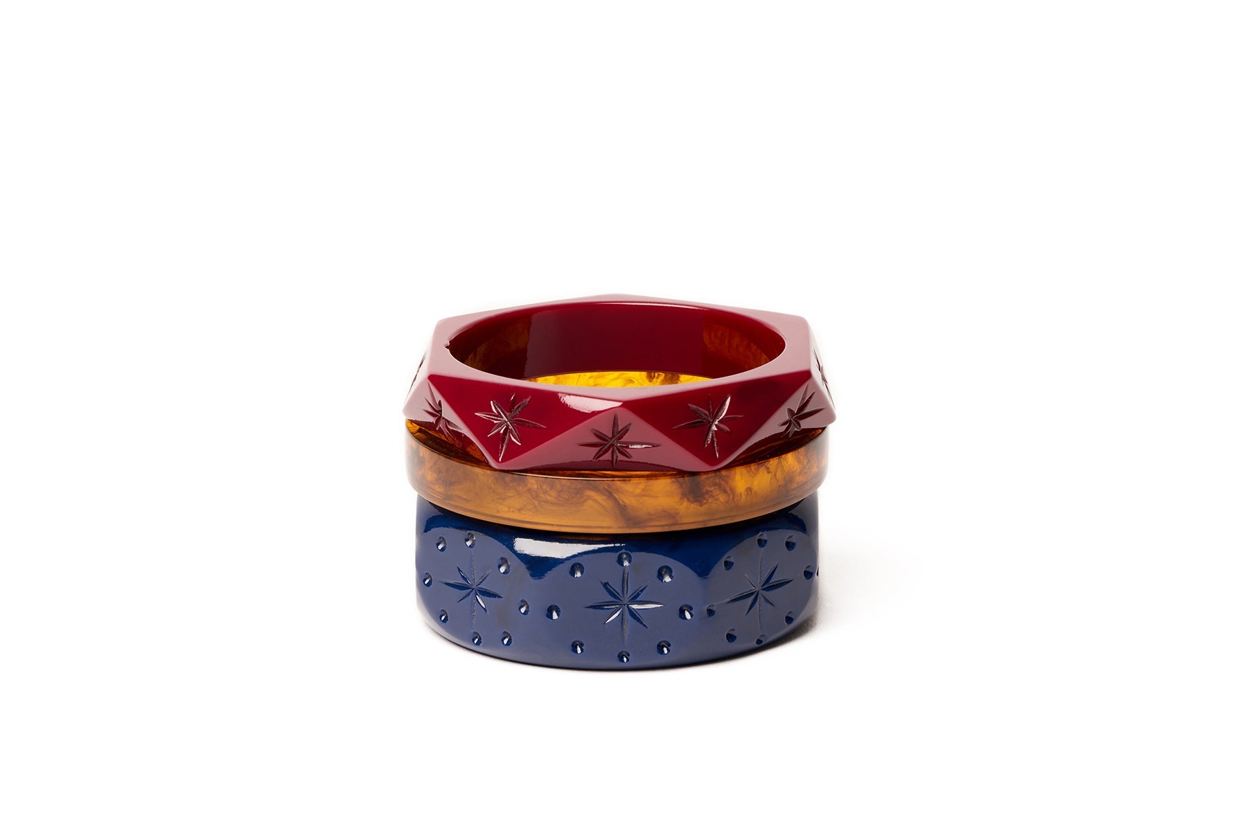 Splendette vintage inspired 1940s style bangles with navy blue Wide Darkness, Narrow Tortoiseshell and dark pink purple Midi Tayberry