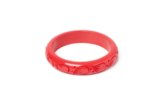 Splendette vintage inspired 1940s style carved coral pink fakelite Midi Petal Bangle