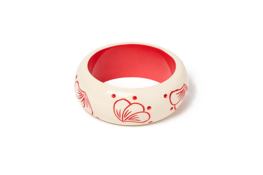 Splendette vintage inspired 1940s style carved coral pink fakelite Wide Petal Cream Bangle