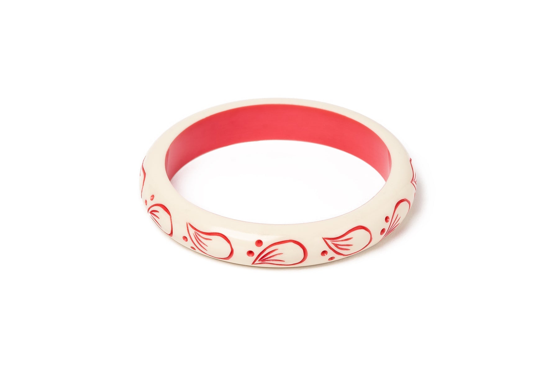 Splendette vintage inspired 1940s style carved coral pink fakelite larger size Midi Petal Cream Duchess Bangle