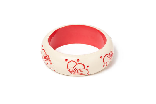 Splendette vintage inspired 1940s style carved coral pink fakelite larger size Wide Petal Cream Duchess Bangle