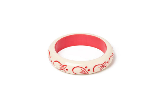 Splendette vintage inspired 1940s style carved coral pink fakelite smaller size Midi Petal Cream Maiden Bangle