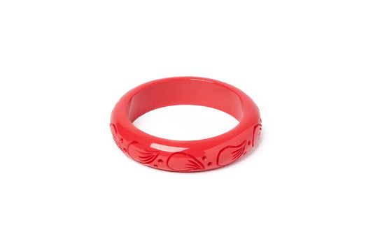 Splendette vintage inspired 1940s style carved coral pink fakelite smaller size Midi Petal Maiden Bangle