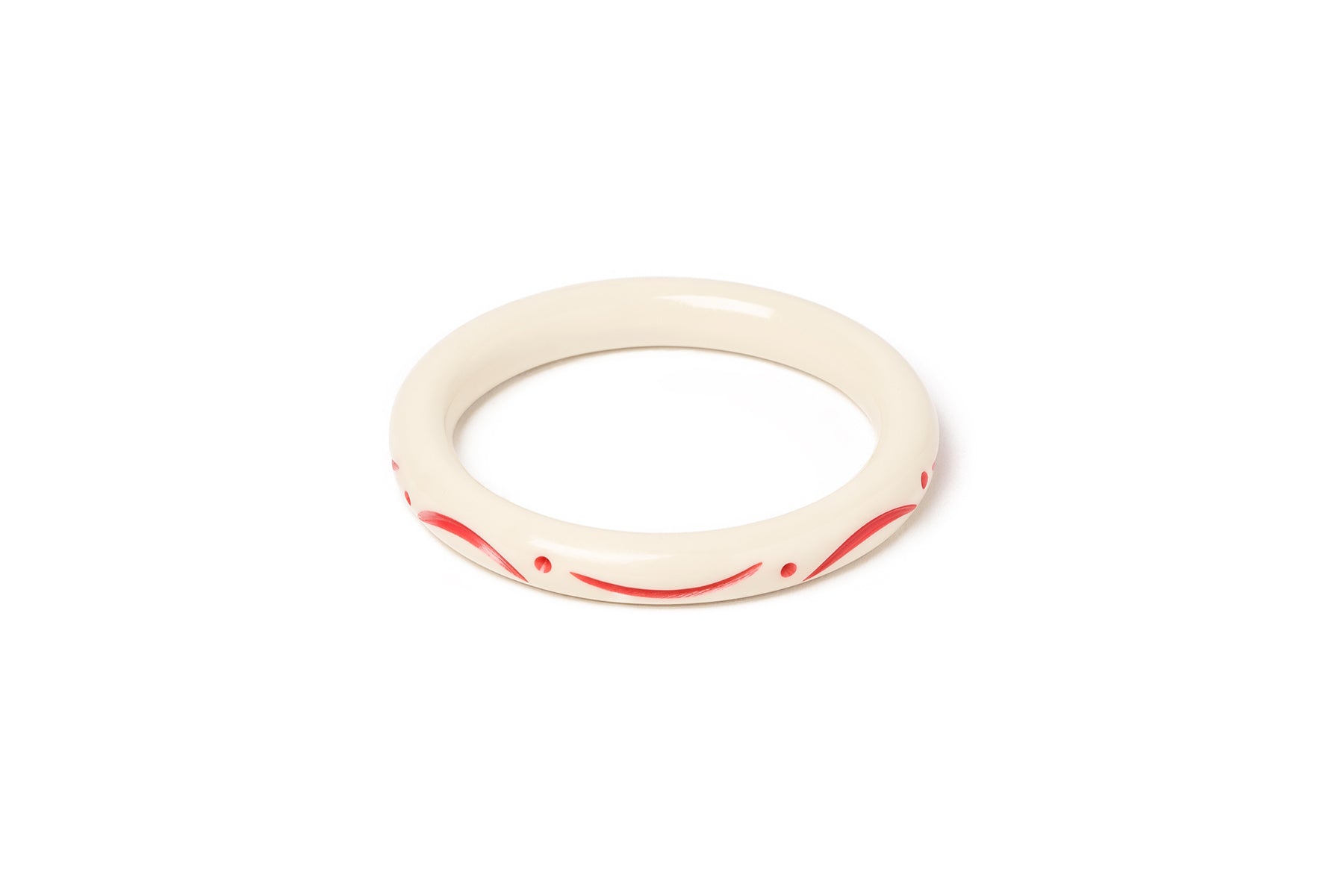 Splendette vintage inspired 1940s style carved coral pink fakelite smaller size Narrow Petal Cream Maiden Bangle