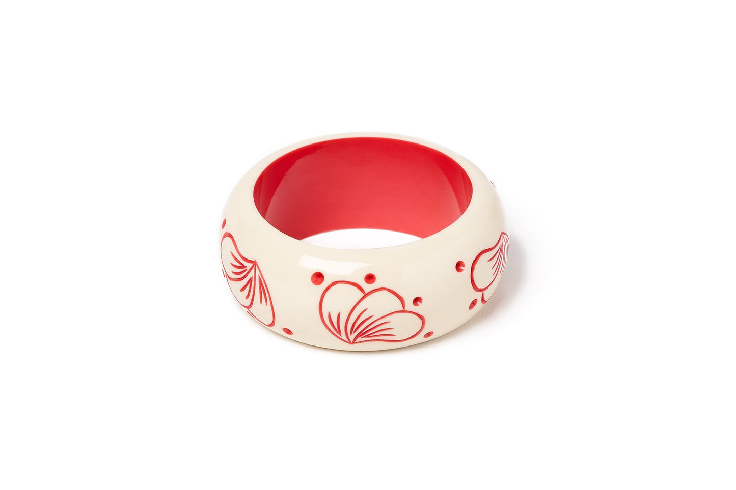 Splendette vintage inspired 1940s style carved coral pink fakelite smaller size Wide Petal Cream Maiden Bangle