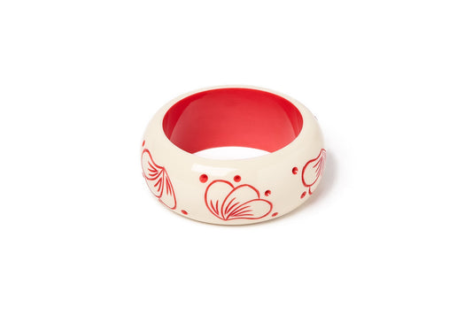 Splendette vintage inspired 1940s style carved coral pink fakelite smaller size Wide Petal Cream Maiden Bangle