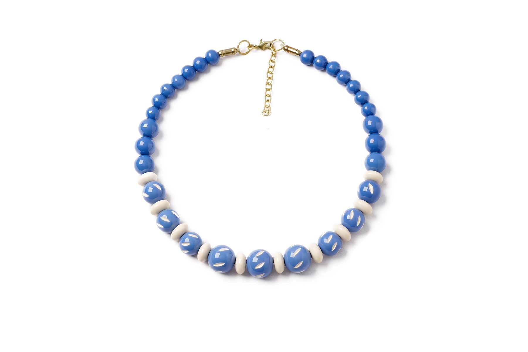 Splendette vintage inspired 1940s style carved blue fakelite Veronica Bead Necklace