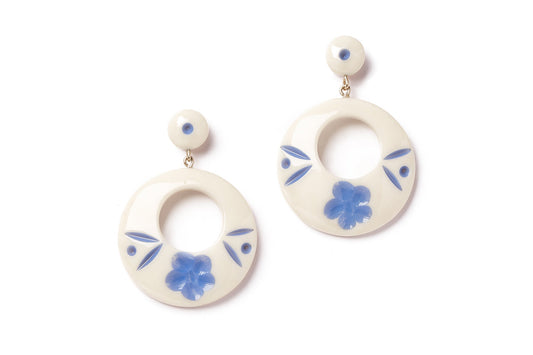 Splendette vintage inspired 1940s style carved blue fakelite Veronica Cream Drop Hoop Earrings