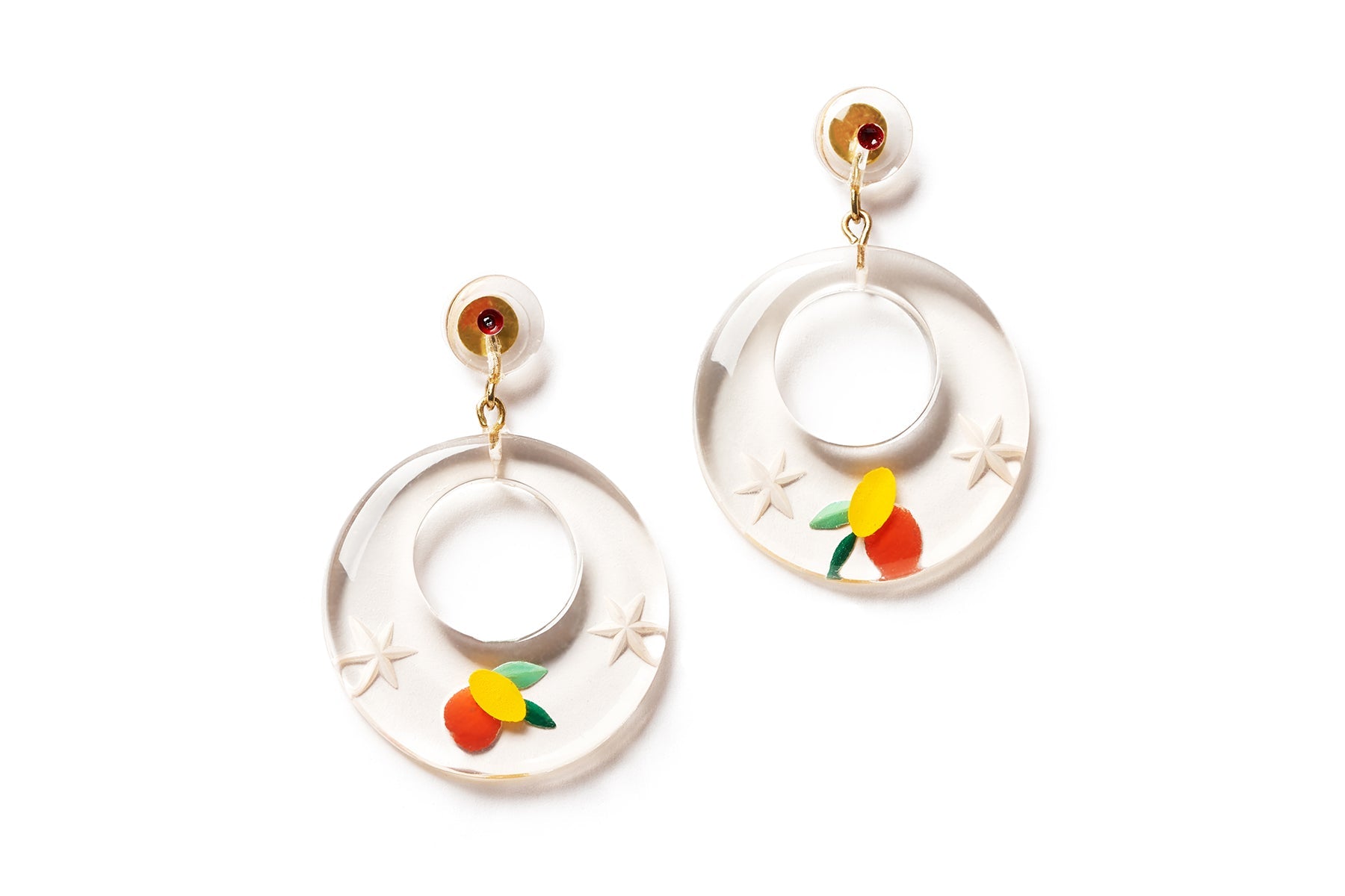 Splendette vintage inspired 1940s style orange and yellow Citrus Clear Drop Hoop Earrings