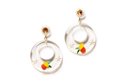 Splendette vintage inspired 1940s style orange and yellow Citrus Clear Drop Hoop Earrings