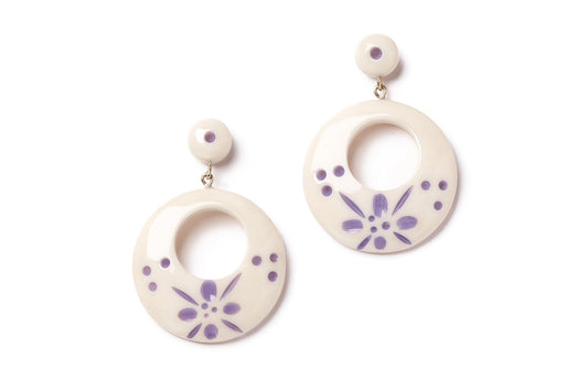 Splendette vintage inspired 1940s style pastel purple carved fakelite Petunia Cream Drop Hoop Earrings