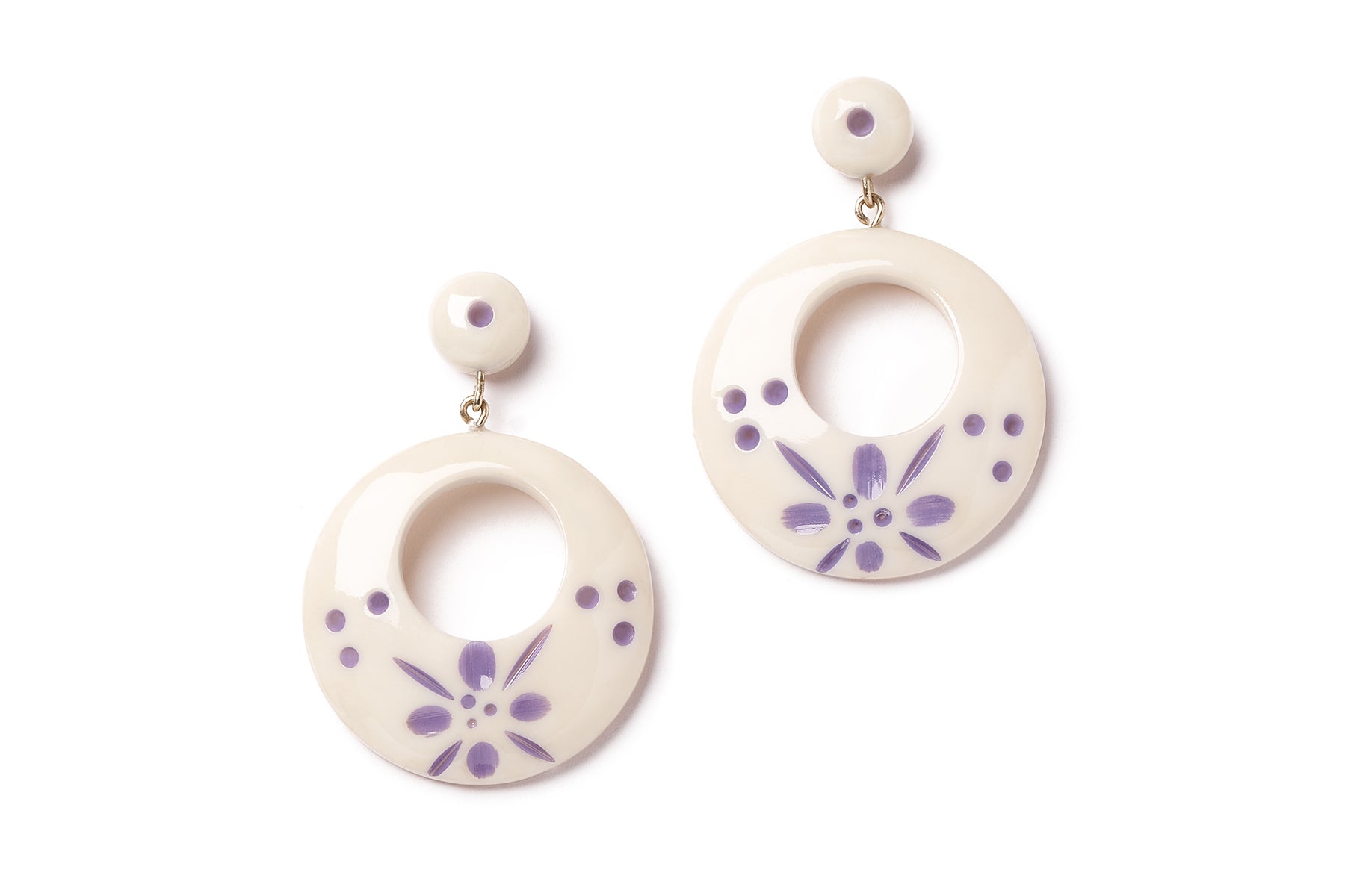 Splendette vintage inspired 1940s style pastel purple carved fakelite Petunia Cream Drop Hoop Earrings