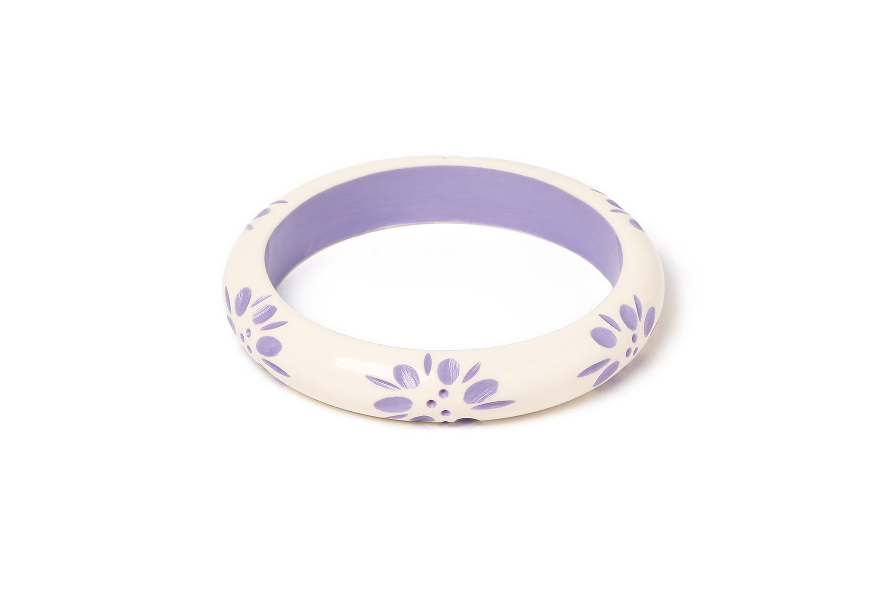 Splendette vintage inspired 1940s style pastel purple carved fakelite large size Midi Petunia Cream Duchess Bangle
