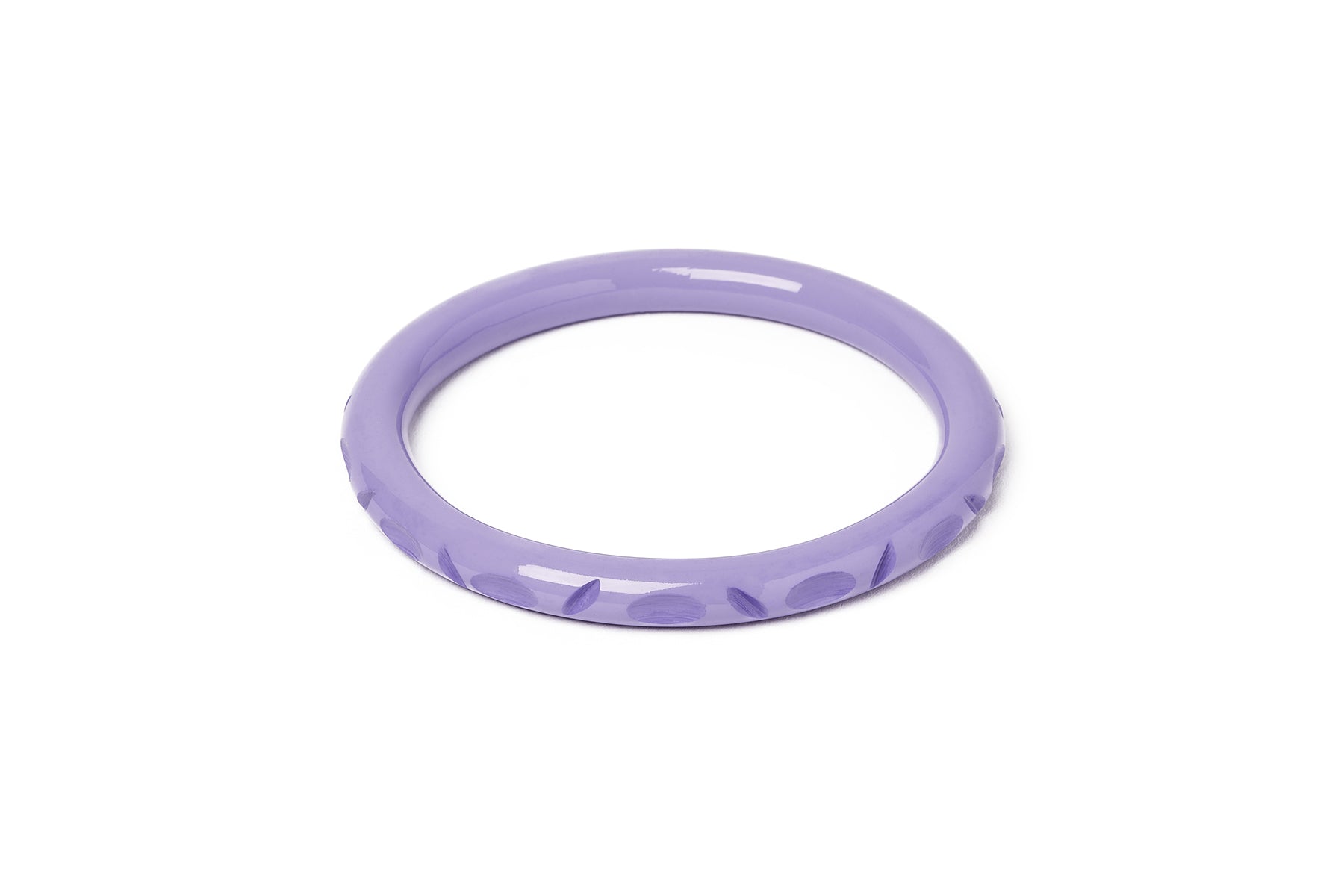 Splendette vintage inspired 1940s style pastel purple carved fakelite larger size Narrow Petunia Duchess Bangle