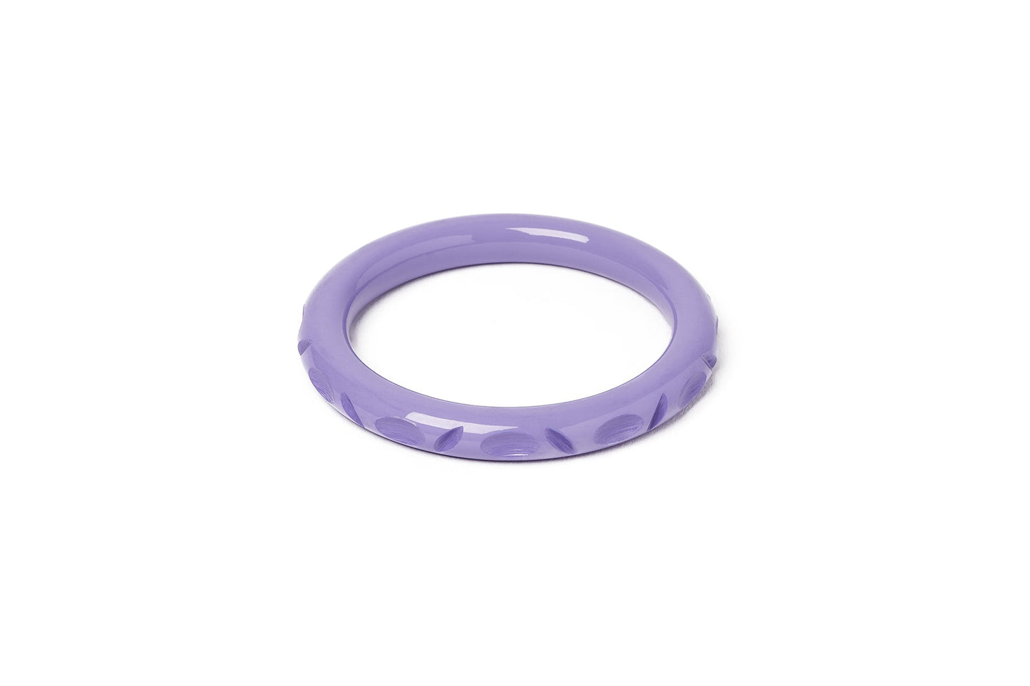 Splendette vintage inspired 1940s style pastel purple carved fakelite smaller size Narrow Petunia Maiden Bangle