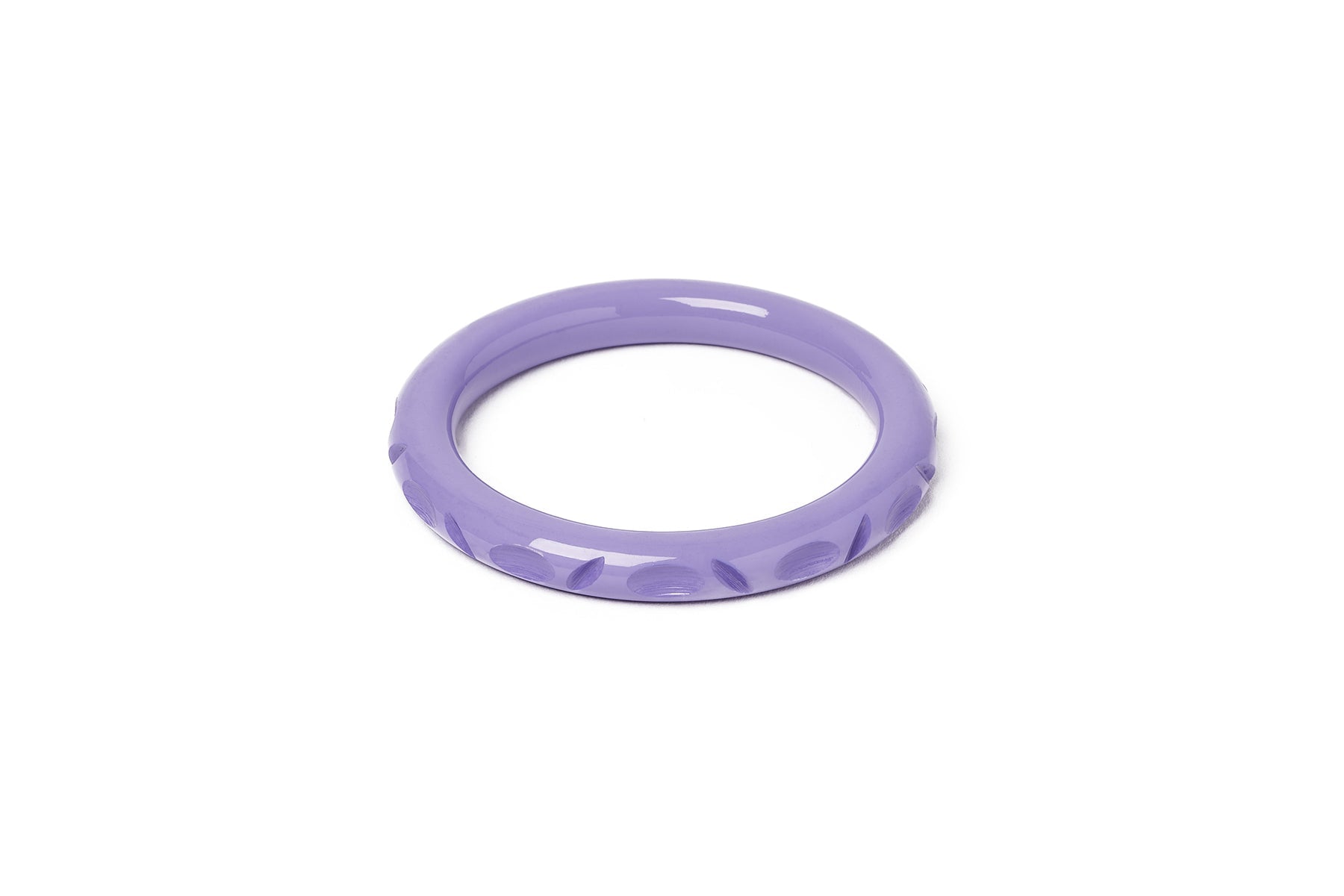 Splendette vintage inspired 1940s style pastel purple carved fakelite smaller size Narrow Petunia Maiden Bangle
