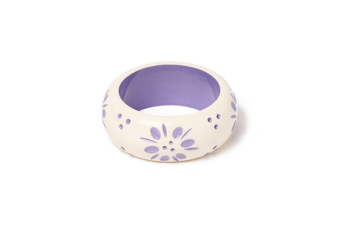 Splendette vintage inspired 1940s style pastel purple carved fakelite smaller size Wide Petunia Cream Maiden Bangle