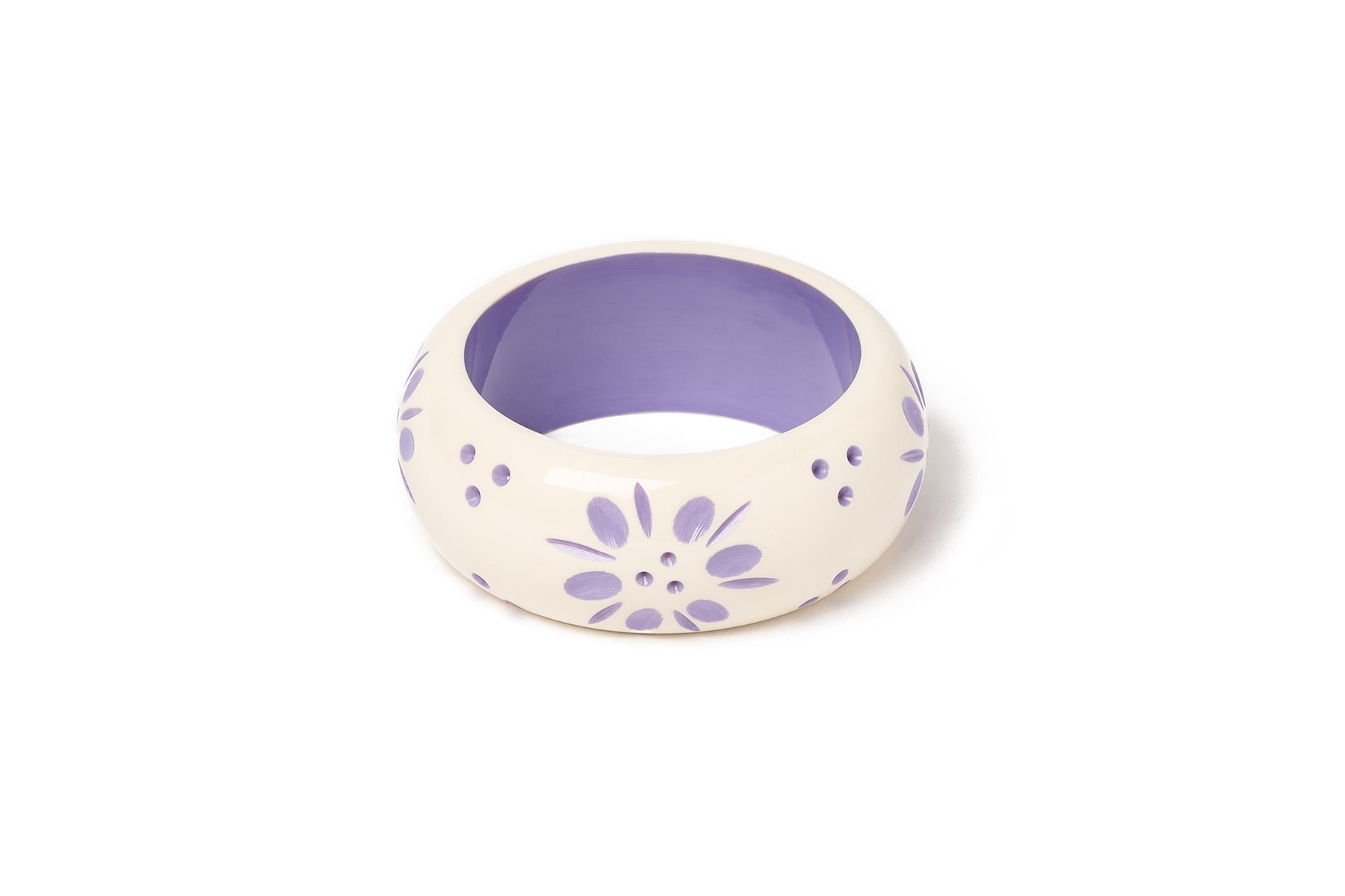 Splendette vintage inspired 1940s style pastel purple carved fakelite smaller size Wide Petunia Cream Maiden Bangle